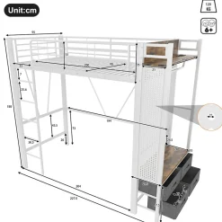 Okwish Lit Mezzanine 90x200 cm - Lit Déco avec Bureau et Rangement - Métal et MDF - Sans Matelas - Blanc