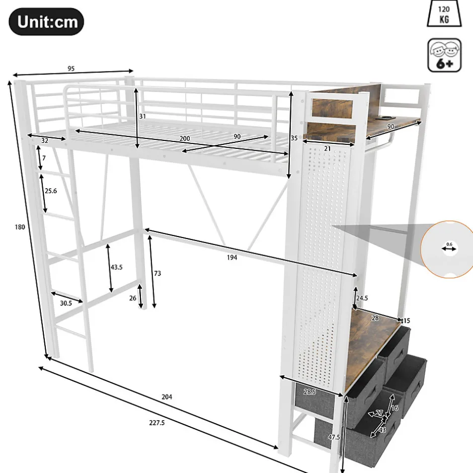 Okwish Lit Mezzanine 90x200 cm - Lit Déco avec Bureau et Rangement - Métal et MDF - Sans Matelas - Blanc