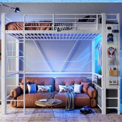 Okwish Lit Mezzanine 90x200 cm - Lit Déco avec Bureau et Rangement - Métal et MDF - Sans Matelas - Blanc