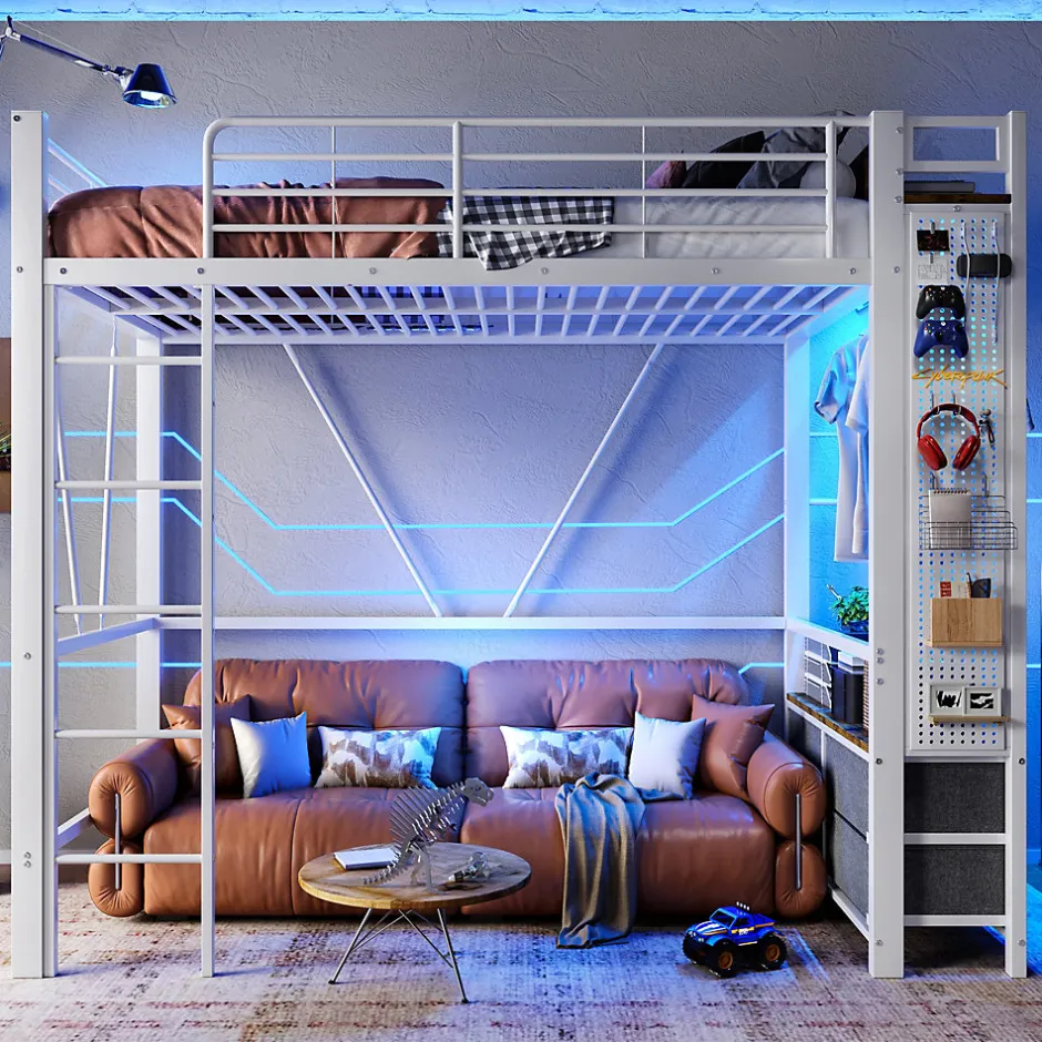 Okwish Lit Mezzanine 90x200 cm - Lit Déco avec Bureau et Rangement - Métal et MDF - Sans Matelas - Blanc