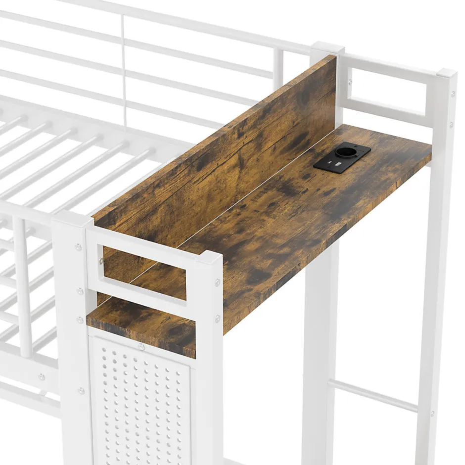 Okwish Lit Mezzanine 90x200 cm - Lit Déco avec Bureau et Rangement - Métal et MDF - Sans Matelas - Blanc