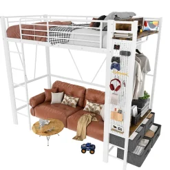 Okwish Lit Mezzanine 90x200 cm - Lit Déco avec Bureau et Rangement - Métal et MDF - Sans Matelas - Blanc