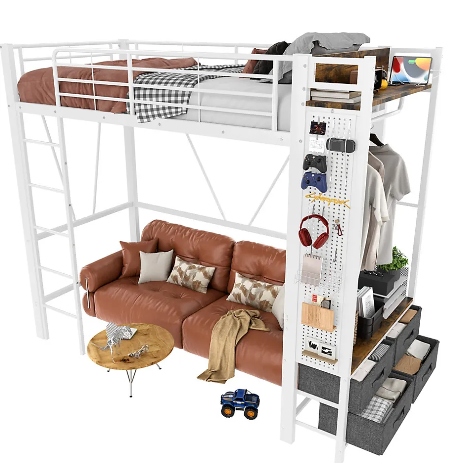 Okwish Lit Mezzanine 90x200 cm - Lit Déco avec Bureau et Rangement - Métal et MDF - Sans Matelas - Blanc