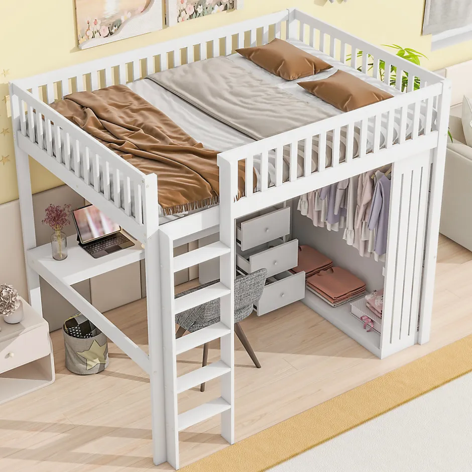 Okwish Lit Mezzanine 140x200 cm - Lit Double avec Bureau, Armoire et Escalier à Rangements Intégrés - Bois Blanc - Sans Matelas