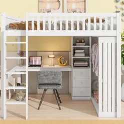 Okwish Lit Mezzanine 140x200 cm - Lit Double avec Bureau, Armoire et Escalier à Rangements Intégrés - Bois Blanc - Sans Matelas