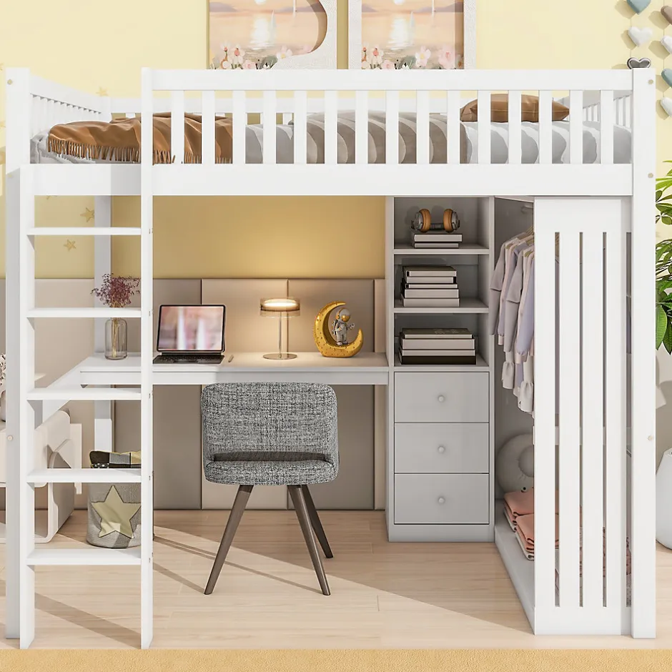 Okwish Lit Mezzanine 140x200 cm - Lit Double avec Bureau, Armoire et Escalier à Rangements Intégrés - Bois Blanc - Sans Matelas