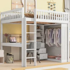 Okwish Lit Mezzanine 140x200 cm - Lit Double avec Bureau, Armoire et Escalier à Rangements Intégrés - Bois Blanc - Sans Matelas