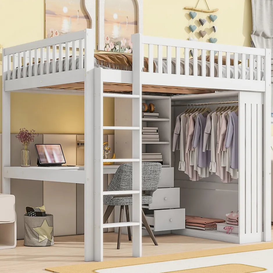 Okwish Lit Mezzanine 140x200 cm - Lit Double avec Bureau, Armoire et Escalier à Rangements Intégrés - Bois Blanc - Sans Matelas