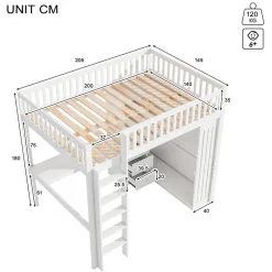 Okwish Lit Mezzanine 140x200 cm - Lit Double avec Bureau, Armoire et Escalier à Rangements Intégrés - Bois Blanc - Sans Matelas