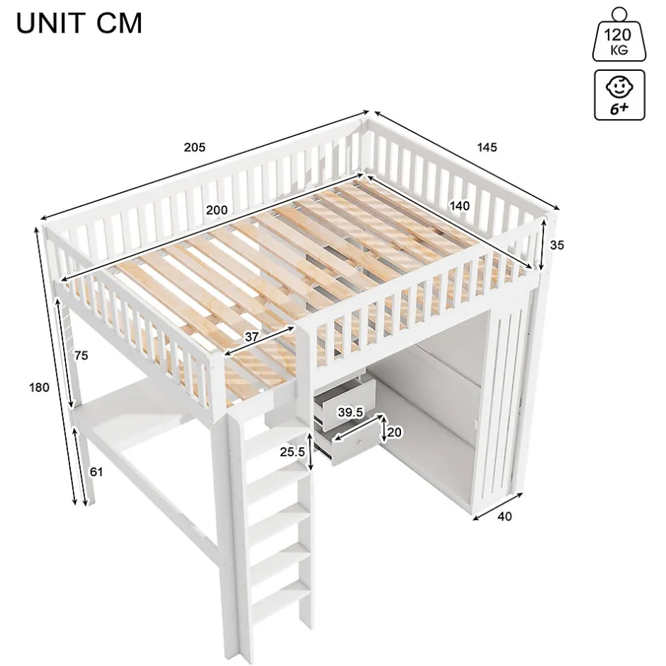 Okwish Lit Mezzanine 140x200 cm - Lit Double avec Bureau, Armoire et Escalier à Rangements Intégrés - Bois Blanc - Sans Matelas