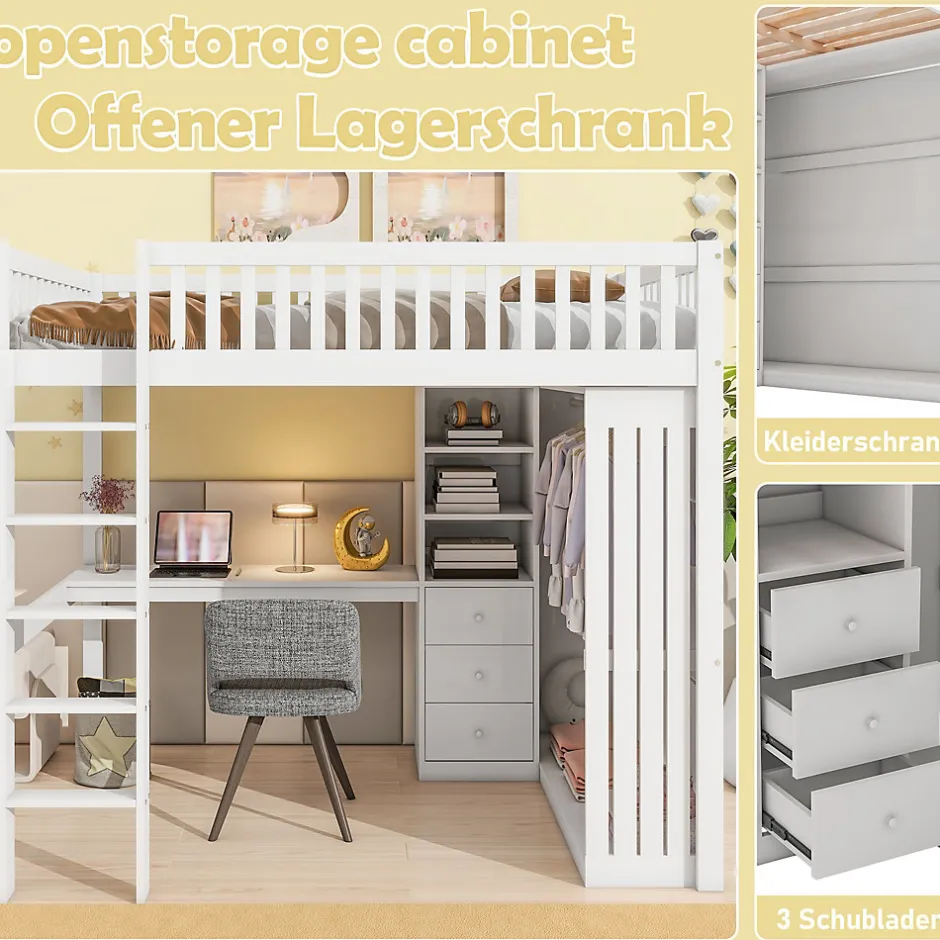 Okwish Lit Mezzanine 140x200 cm - Lit Double avec Bureau, Armoire et Escalier à Rangements Intégrés - Bois Blanc - Sans Matelas
