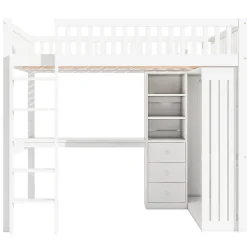 Okwish Lit Mezzanine 140x200 cm - Lit Double avec Bureau, Armoire et Escalier à Rangements Intégrés - Bois Blanc - Sans Matelas
