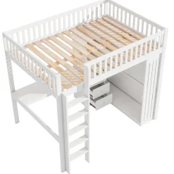 Okwish Lit Mezzanine 140x200 cm - Lit Double avec Bureau, Armoire et Escalier à Rangements Intégrés - Bois Blanc - Sans Matelas