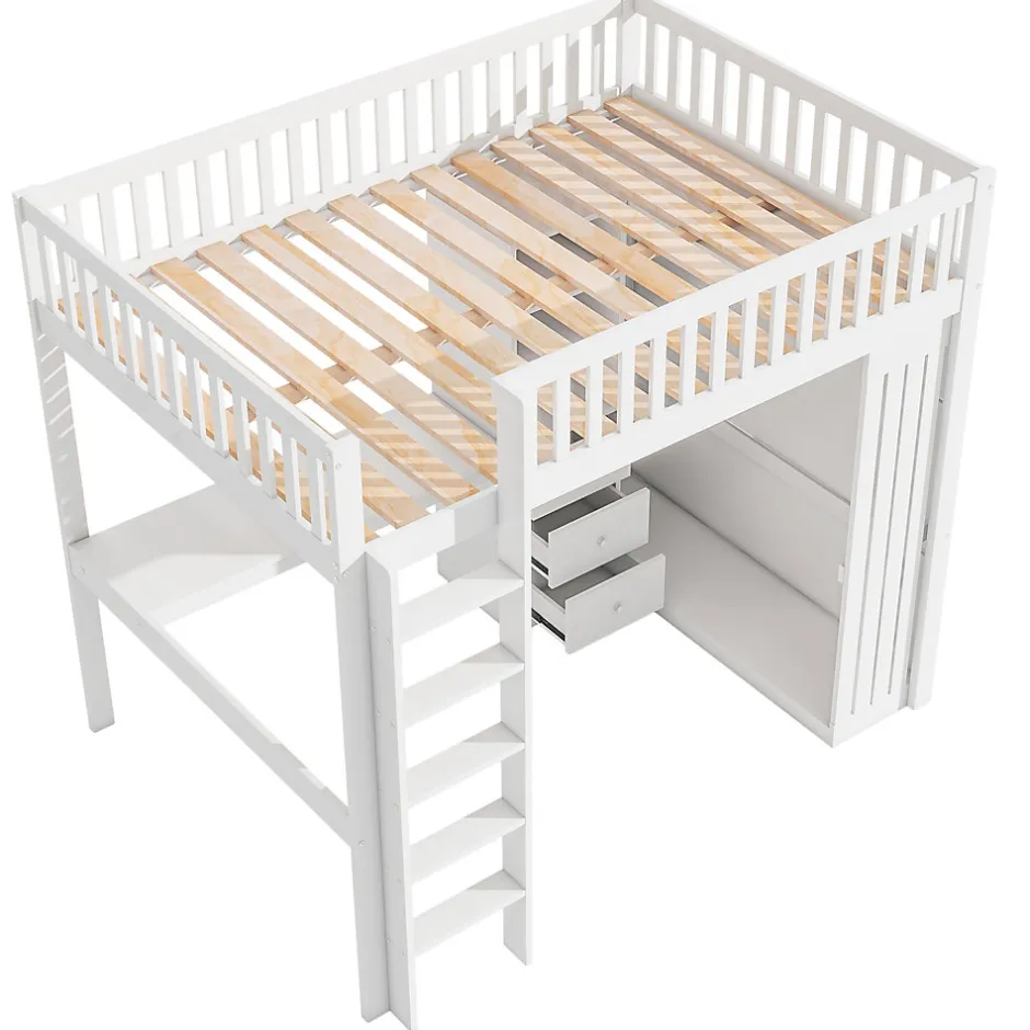 Okwish Lit Mezzanine 140x200 cm - Lit Double avec Bureau, Armoire et Escalier à Rangements Intégrés - Bois Blanc - Sans Matelas