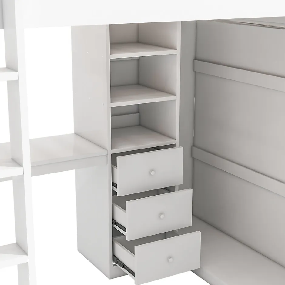 Okwish Lit Mezzanine 140x200 cm - Lit Double avec Bureau, Armoire et Escalier à Rangements Intégrés - Bois Blanc - Sans Matelas