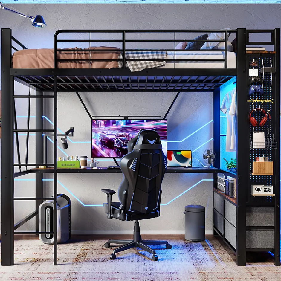 Okwish Lit Mezzanine 90x200 cm - Lit Déco avec Rangement - Métal et MDF - Sans Matelas - Noir