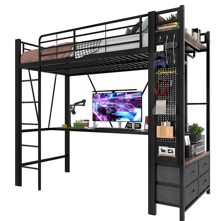 Okwish Lit Mezzanine 90x200 cm - Lit Déco avec Rangement - Métal et MDF - Sans Matelas - Noir