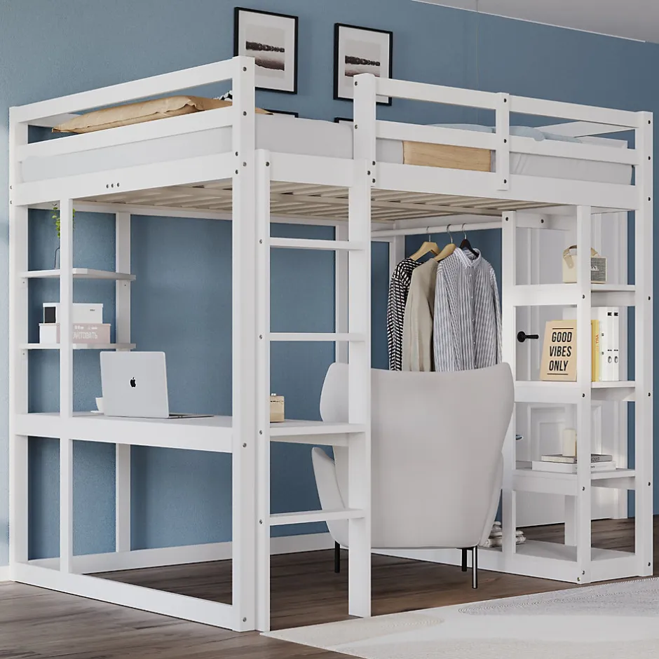 Okwish Lit mezzanine 140x200 cm - Lit double avec bureau intégré, rangements fonctionnels et échelle - Pin et MDF - Blanc