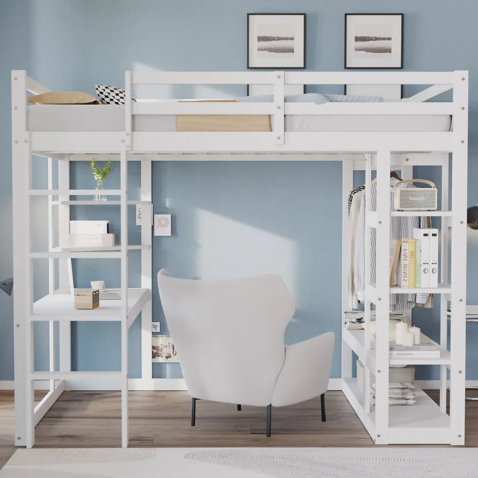 Okwish Lit mezzanine 140x200 cm - Lit double avec bureau intégré, rangements fonctionnels et échelle - Pin et MDF - Blanc