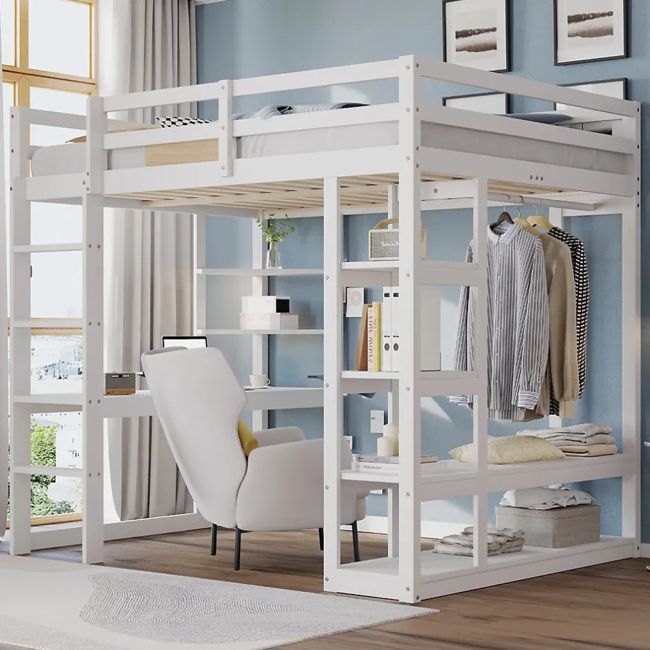 Okwish Lit mezzanine 140x200 cm - Lit double avec bureau intégré, rangements fonctionnels et échelle - Pin et MDF - Blanc