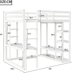 Okwish Lit mezzanine 140x200 cm - Lit double avec bureau intégré, rangements fonctionnels et échelle - Pin et MDF - Blanc