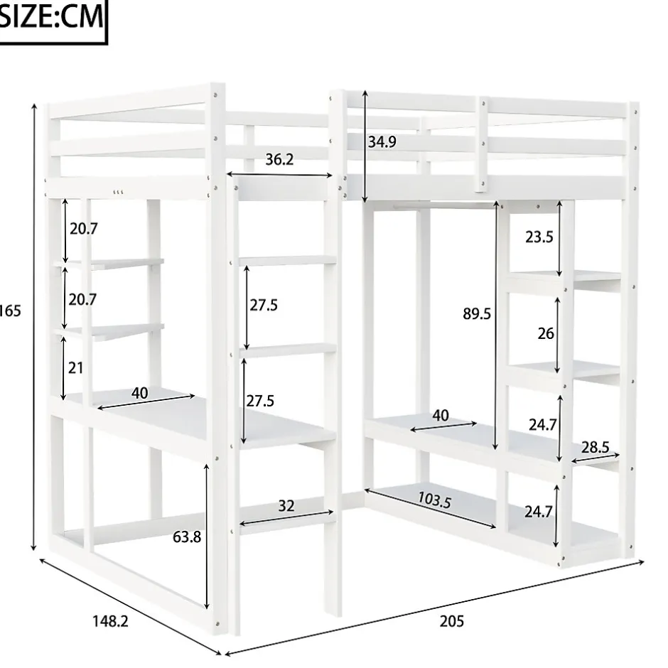 Okwish Lit mezzanine 140x200 cm - Lit double avec bureau intégré, rangements fonctionnels et échelle - Pin et MDF - Blanc