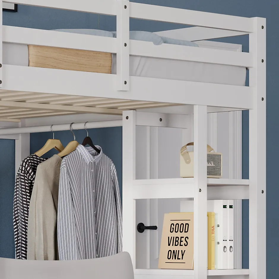 Okwish Lit mezzanine 140x200 cm - Lit double avec bureau intégré, rangements fonctionnels et échelle - Pin et MDF - Blanc