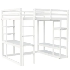 Okwish Lit mezzanine 140x200 cm - Lit double avec bureau intégré, rangements fonctionnels et échelle - Pin et MDF - Blanc