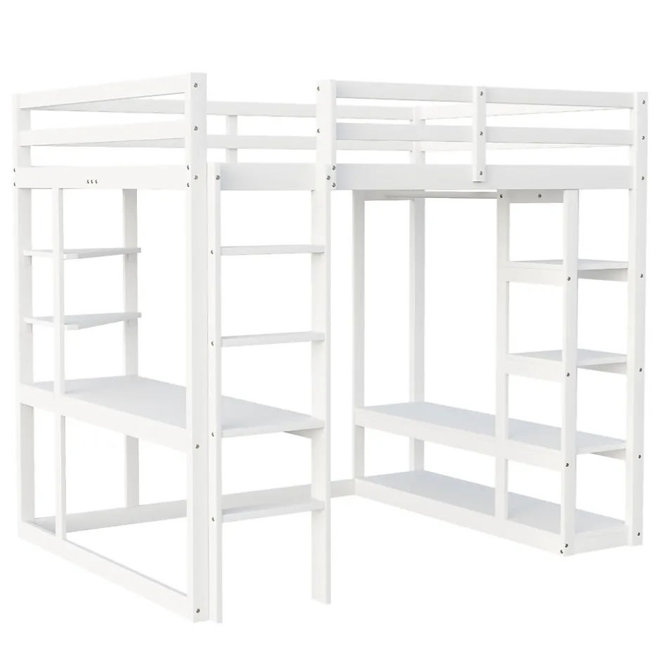Okwish Lit mezzanine 140x200 cm - Lit double avec bureau intégré, rangements fonctionnels et échelle - Pin et MDF - Blanc