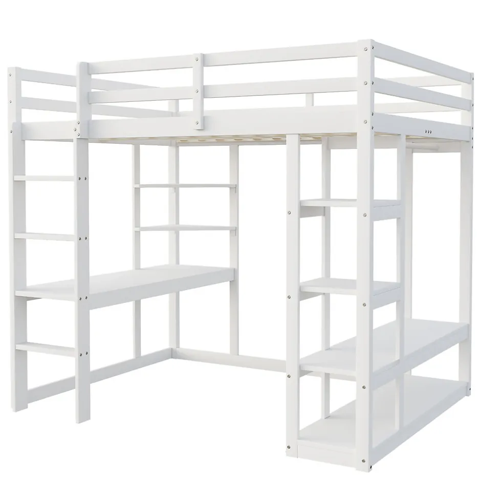 Okwish Lit mezzanine 140x200 cm - Lit double avec bureau intégré, rangements fonctionnels et échelle - Pin et MDF - Blanc