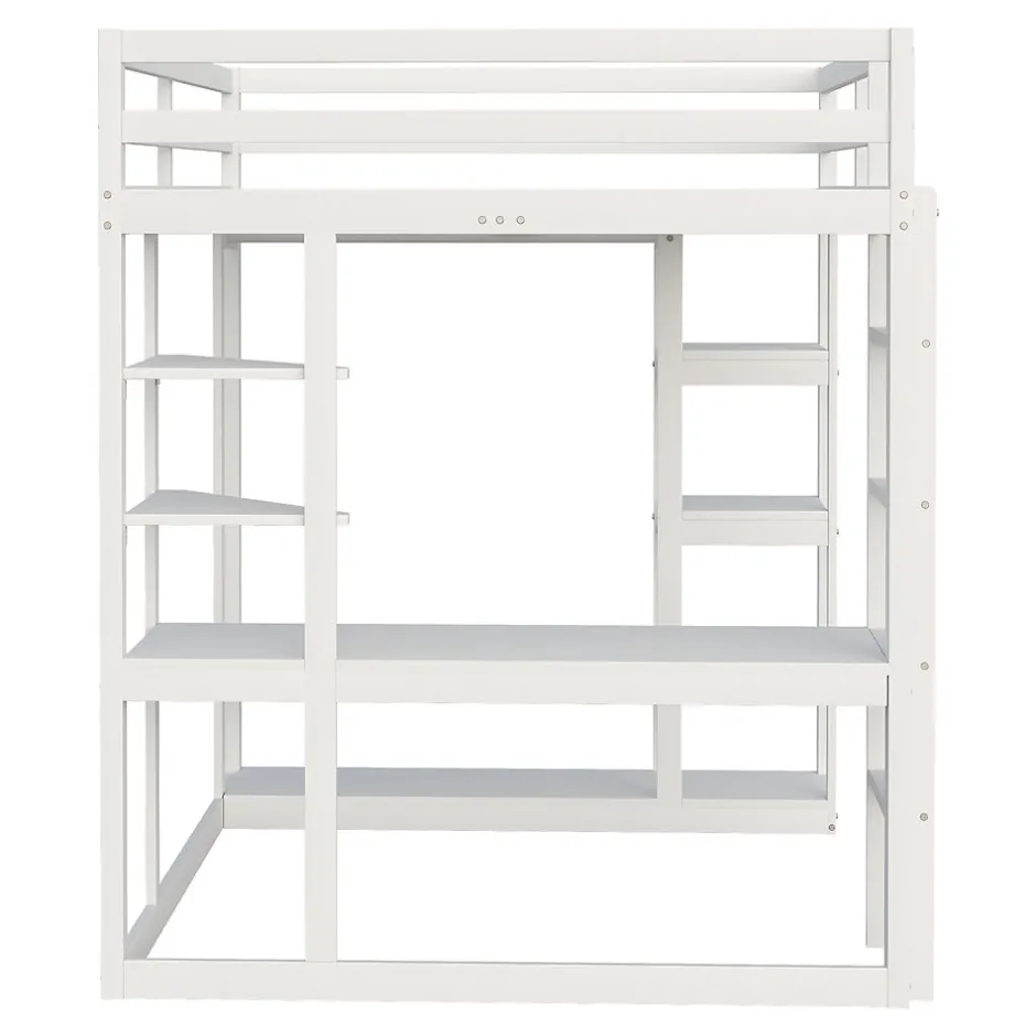 Okwish Lit mezzanine 140x200 cm - Lit double avec bureau intégré, rangements fonctionnels et échelle - Pin et MDF - Blanc