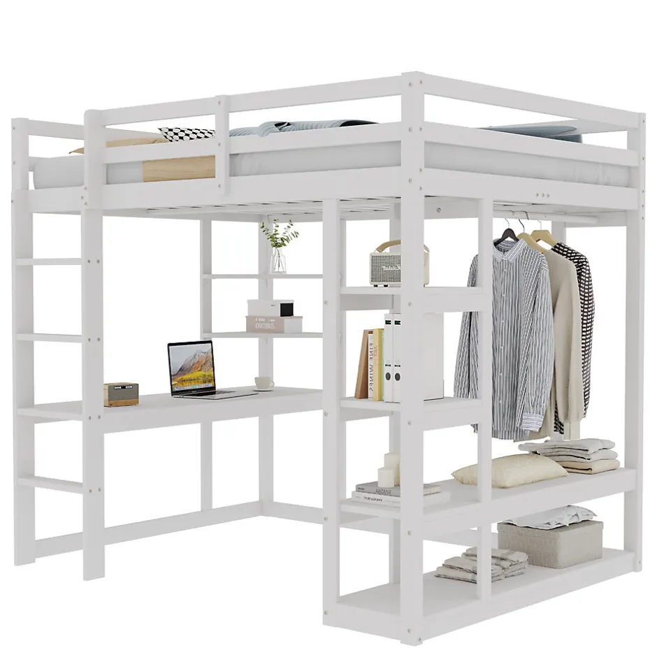 Okwish Lit mezzanine 140x200 cm - Lit double avec bureau intégré, rangements fonctionnels et échelle - Pin et MDF - Blanc