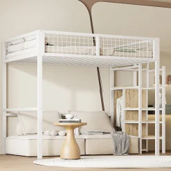 Okwish Lit Mezzanine 140x200 cm - Lit Double avec Rangement et Échelle de Sécurité, Cadre Métal et MDF, Sans Matelas - Blanc