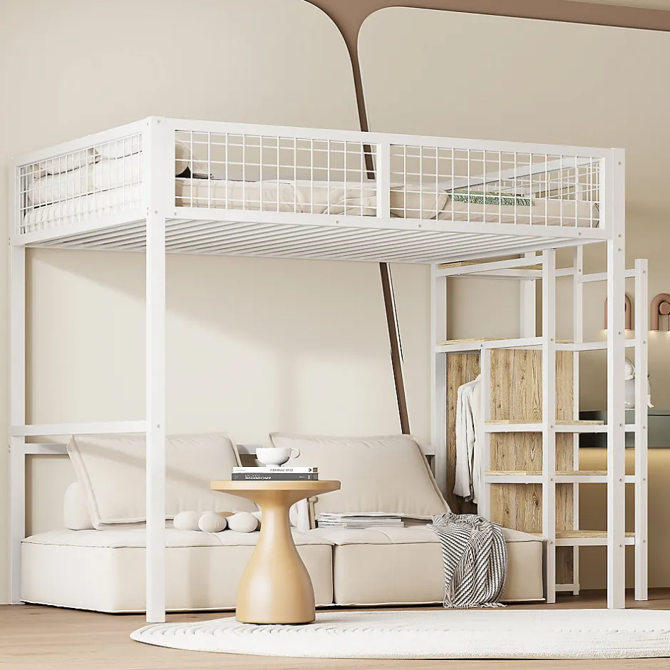 Okwish Lit Mezzanine 140x200 cm - Lit Double avec Rangement et Échelle de Sécurité, Cadre Métal et MDF, Sans Matelas - Blanc