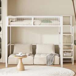 Okwish Lit Mezzanine 140x200 cm - Lit Double avec Rangement et Échelle de Sécurité, Cadre Métal et MDF, Sans Matelas - Blanc