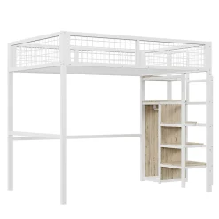Okwish Lit Mezzanine 140x200 cm - Lit Double avec Rangement et Échelle de Sécurité, Cadre Métal et MDF, Sans Matelas - Blanc