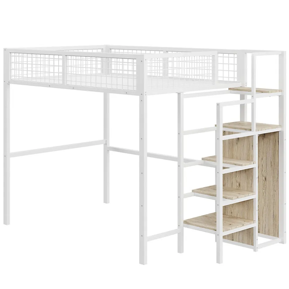 Okwish Lit Mezzanine 140x200 cm - Lit Double avec Rangement et Échelle de Sécurité, Cadre Métal et MDF, Sans Matelas - Blanc