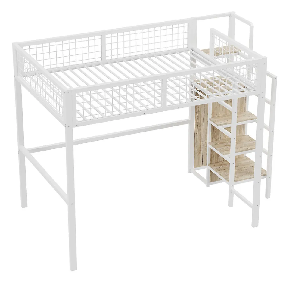 Okwish Lit Mezzanine 140x200 cm - Lit Double avec Rangement et Échelle de Sécurité, Cadre Métal et MDF, Sans Matelas - Blanc