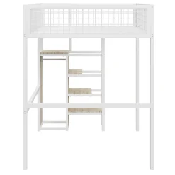 Okwish Lit Mezzanine 140x200 cm - Lit Double avec Rangement et Échelle de Sécurité, Cadre Métal et MDF, Sans Matelas - Blanc