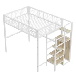 Okwish Lit Mezzanine 140x200 cm - Lit Double avec Rangement et Échelle de Sécurité, Cadre Métal et MDF, Sans Matelas - Blanc
