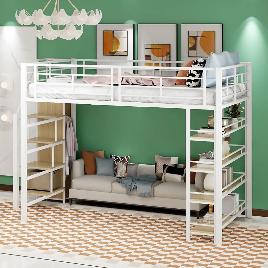 Okwish Lit Mezzanine 140x200 cm - Lit Double avec Escalier de Sécurité et Placard de Rangement, Métal et MDF, Sans Matelas - Blanc