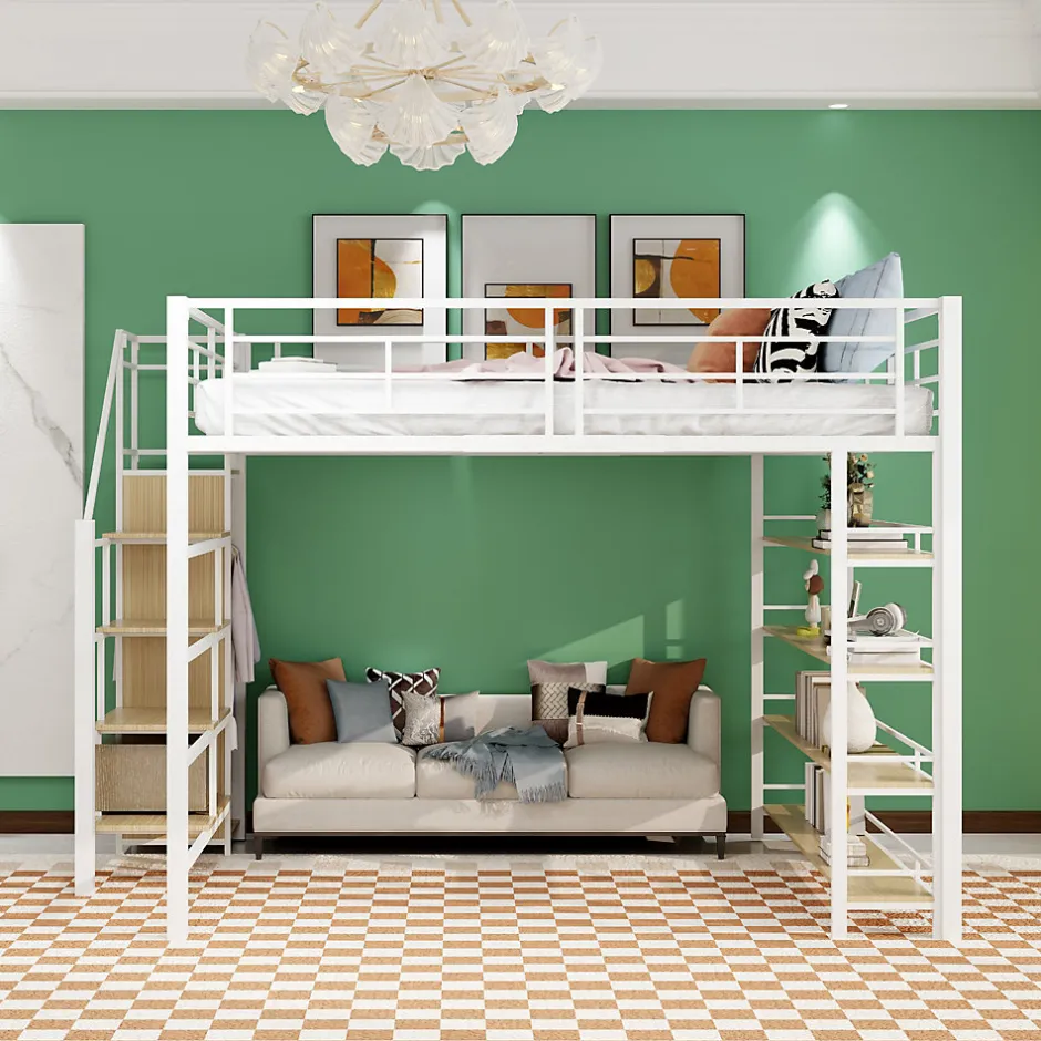 Okwish Lit Mezzanine 140x200 cm - Lit Double avec Escalier de Sécurité et Placard de Rangement, Métal et MDF, Sans Matelas - Blanc