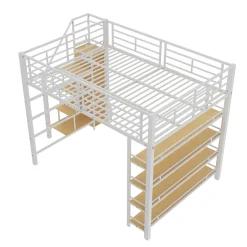 Okwish Lit Mezzanine 140x200 cm - Lit Double avec Escalier de Sécurité et Placard de Rangement, Métal et MDF, Sans Matelas - Blanc