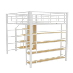 Okwish Lit Mezzanine 140x200 cm - Lit Double avec Escalier de Sécurité et Placard de Rangement, Métal et MDF, Sans Matelas - Blanc