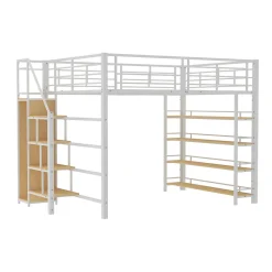 Okwish Lit Mezzanine 140x200 cm - Lit Double avec Escalier de Sécurité et Placard de Rangement, Métal et MDF, Sans Matelas - Blanc