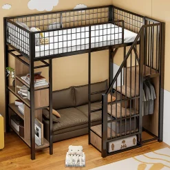 Okwish Lit Mezzanine 90x200 cm - Lit enfant en Métal Noir avec Rangement Intégré, Étagères et Escalier Sécurisé, Sans Matelas