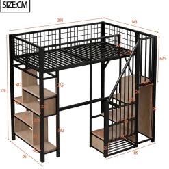 Okwish Lit Mezzanine 90x200 cm - Lit enfant en Métal Noir avec Rangement Intégré, Étagères et Escalier Sécurisé, Sans Matelas