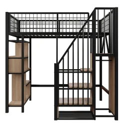 Okwish Lit Mezzanine 90x200 cm - Lit enfant en Métal Noir avec Rangement Intégré, Étagères et Escalier Sécurisé, Sans Matelas