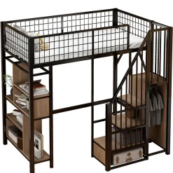Okwish Lit Mezzanine 90x200 cm - Lit enfant en Métal Noir avec Rangement Intégré, Étagères et Escalier Sécurisé, Sans Matelas