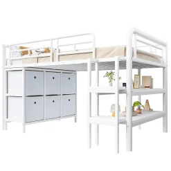 Okwish Lit Mezzanine 90x200 cm - Lit Enfant avec Tiroirs et Étagères, Angles Arrondis - Sans Matelas - Métal et MDF - Blanc Online